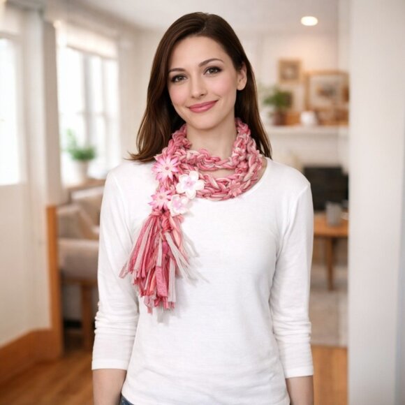 Magenta and Ruby Crocheted Recycled Sari Silk Scarf With  Pink White  Crocheted Recycled Sari Silk Scarf with Silk Flower, Stone and Bead